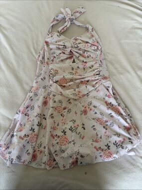 Floral Halter Swim Dress - Pink Roses on Cream